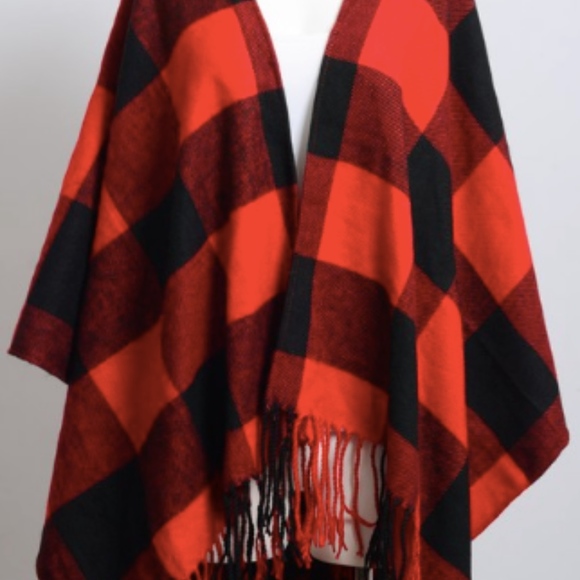 leto Accessories - Red Buffalo Check Tassel Poncho